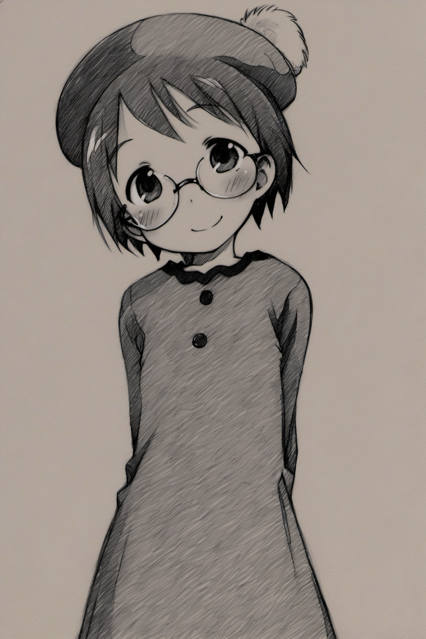 25941-2950581508-score_8_up,Matsuri Sakuragi, 1girl, solo, monochrome, glasses, greyscale, hat, short hair, smile, sketch, arms behind back, blus.png